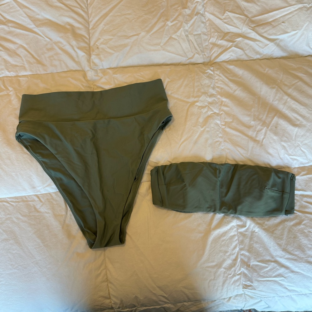 Aerie High-Waist Swim Bottoms and Bandeau Top in Olive Green